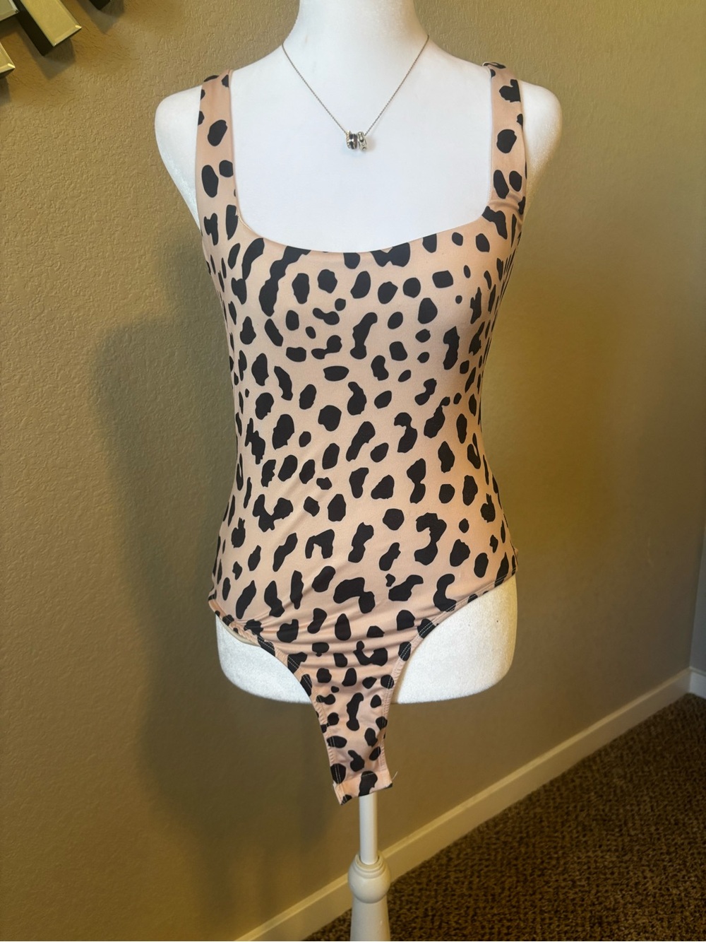 Oh Polly Beige Leopard Print Bodysuit with Black Spots